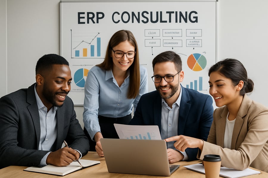 ERP consulting team collaborating on business solutions
